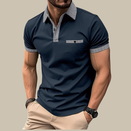Männer Poloshirt dunkelblau, kariertes Muster, Kurzarm, Freizeitmode, Baumwolle.