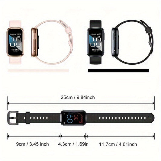 Smartwatch mit schwarzem Armband, rechteckiges Display, Fitness-Tracker, 25 cm Länge.
