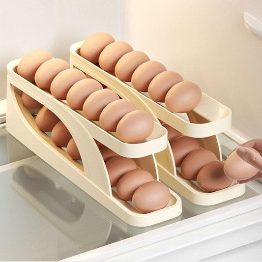 Automatisches Eierregal aus Kunststoff, beige, für Kühlschrank, platzsparend, Eieraufbewahrung.