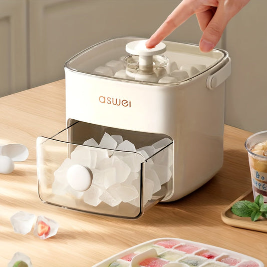 Weiße Eiswürfelmaschine mit transparentem Behälter, kompakt, modern, für Küche.
