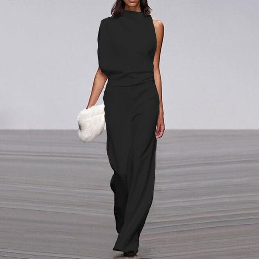 Eleganter schwarzer ärmelloser Jumpsuit für Damen, weite Beine, Sommermode 2023.