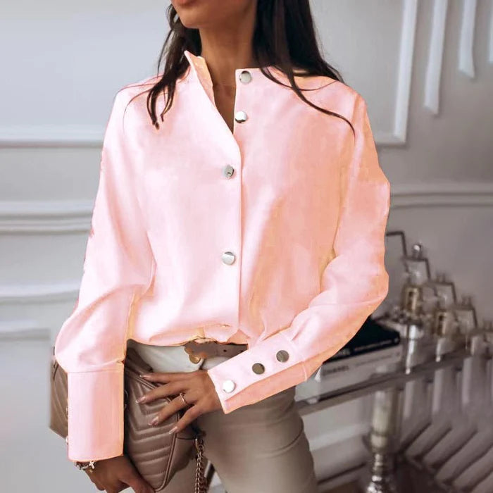 Elegante Damenbluse, rosa, Knopfleiste, langärmlig, modisch, stilvoll, Freizeitkleidung