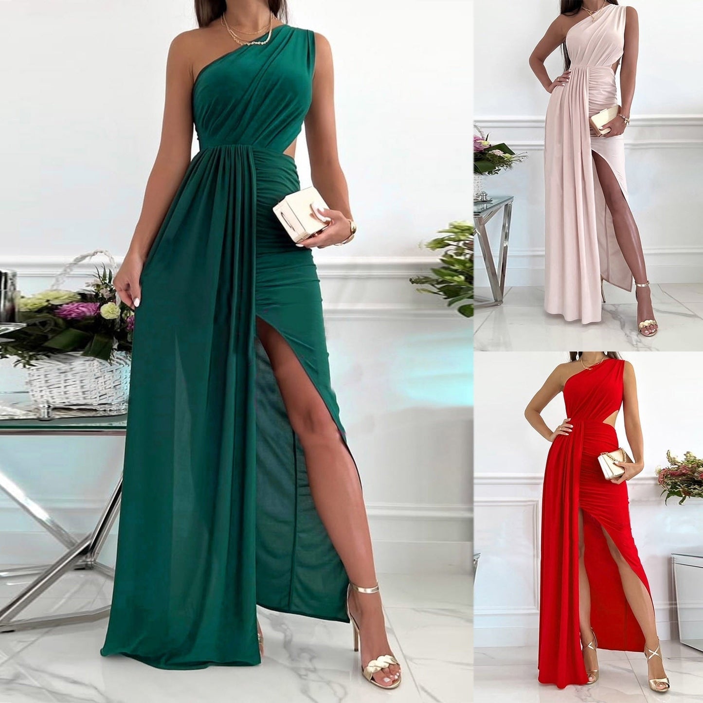 Damen Abendkleid, lang, ärmellos, grün, rot, beige, elegantes Design, hoher Schlitz.