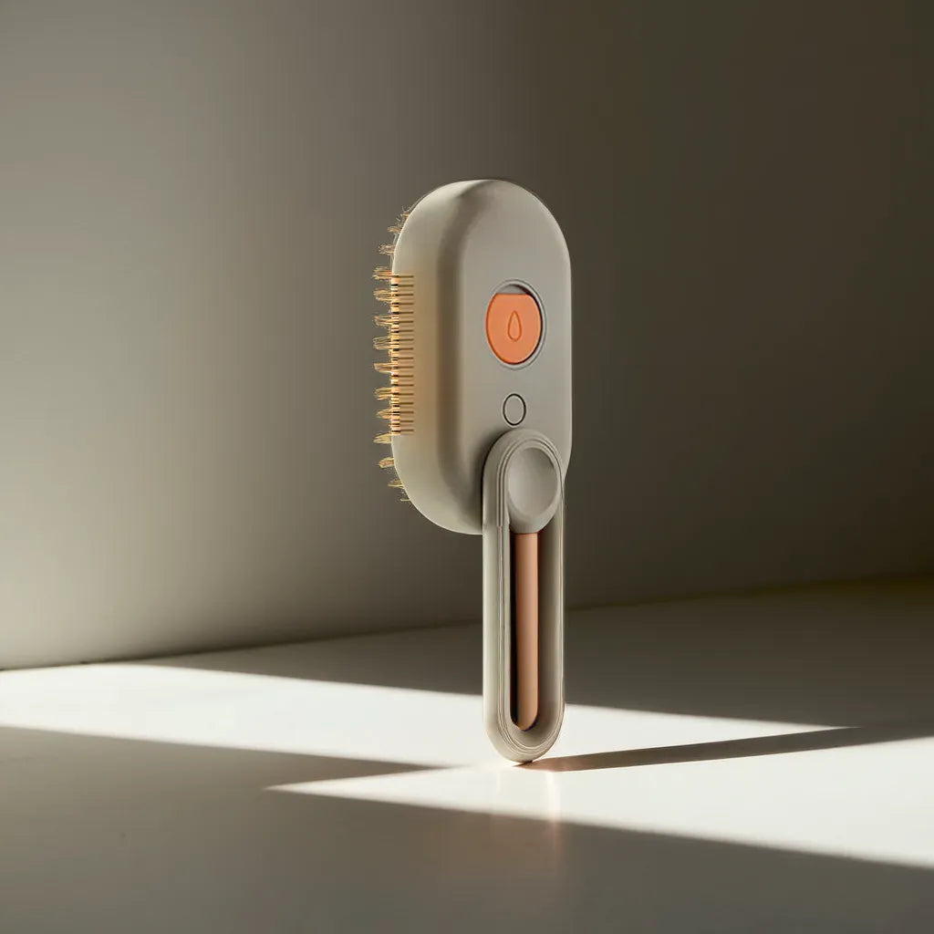 Beige elektrische Haarbürste mit orangefarbenem Knopf, ergonomischer Griff, modernes Design.