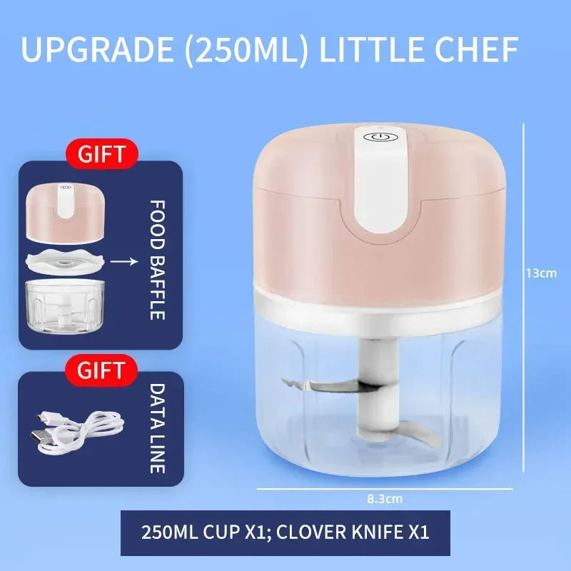 Elektrischer Mini-Zerkleinerer 250ml, rosa, USB-aufladbar, Küchenhelfer, kompakt.
