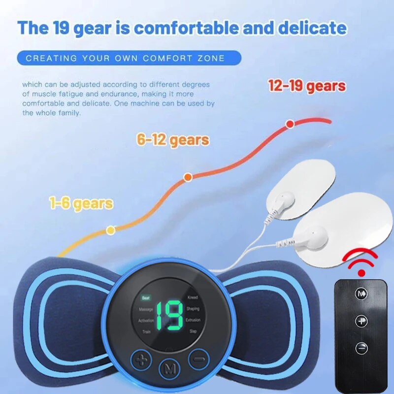 Elektronisches Muskelstimulationsgerät, blau, mit Fernbedienung, für Fitness und Entspannung.
