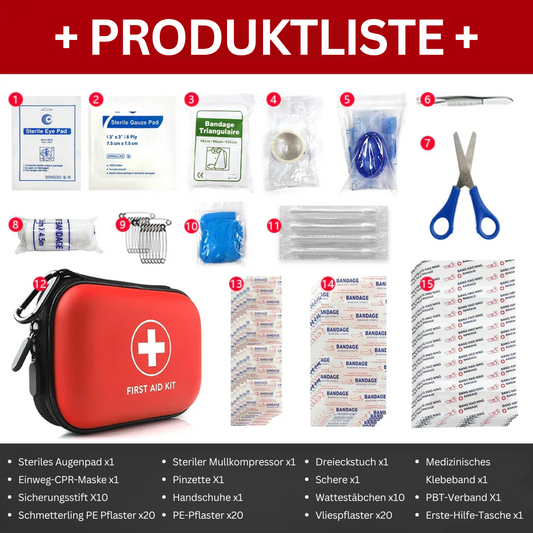 Rotes Erste-Hilfe-Set mit Inhalt: Pflaster, Schere, Mullbinden, Dreieckstuch, Pinzette.