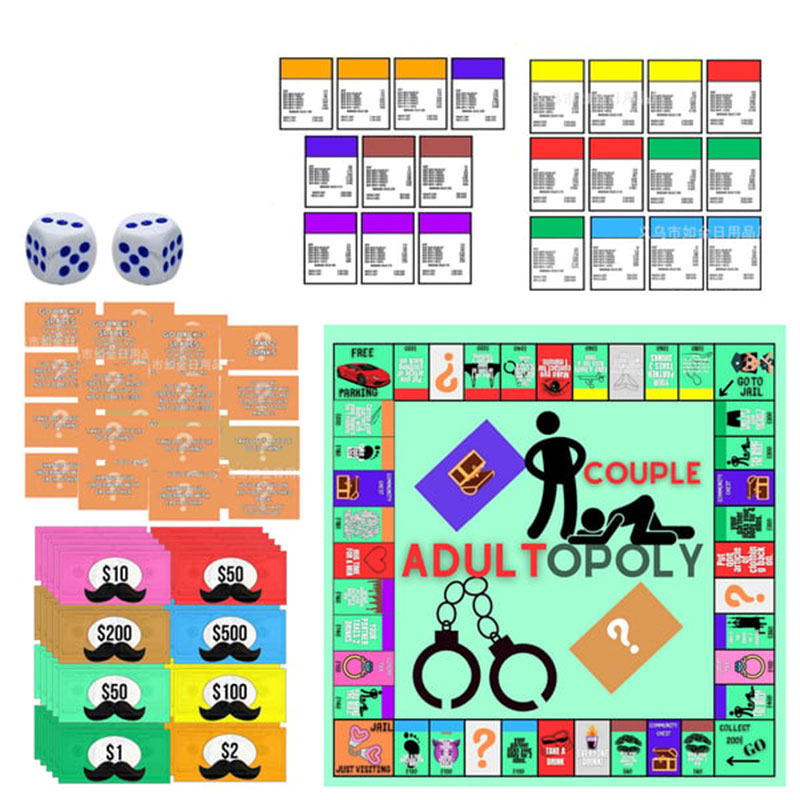 Brettspiel "Couple Adultopoly" mit Würfeln, Spielkarten und Geldscheinen, für Erwachsene.