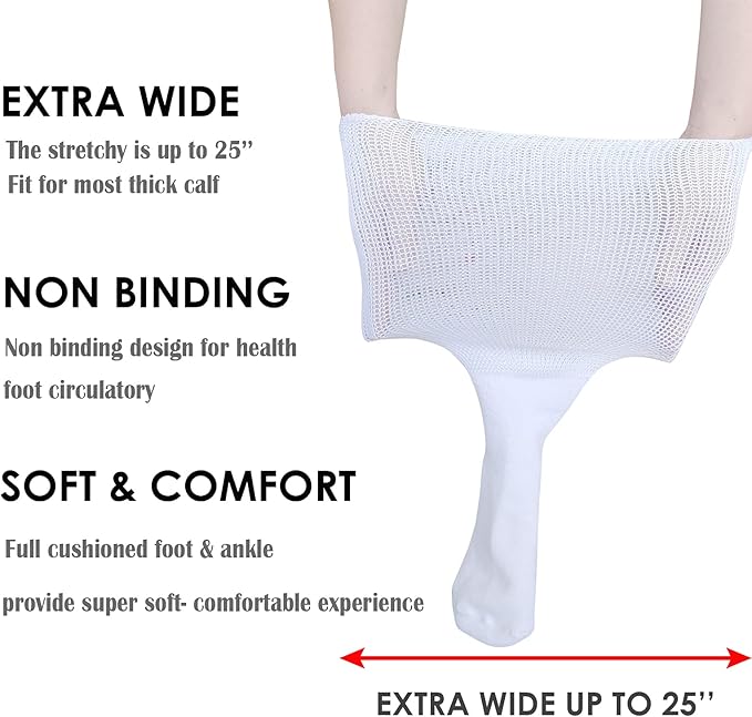 Extra breite, elastische weiße Kompressionssocke für dicke Waden, bequem und gesundheitsfördernd.