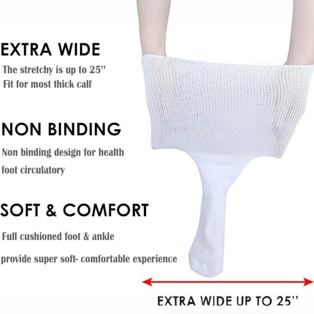 Extra breite, nicht bindende, weiche und bequeme weiße Socke für dicke Waden, Fußgesundheit.