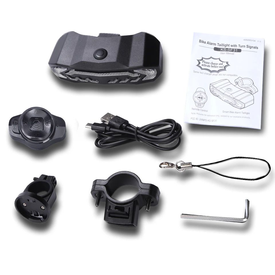 Fahrrad-Rücklicht-Alarm mit Blinker, schwarz, USB-Kabel, Halterung, Anleitung, Werkzeug.