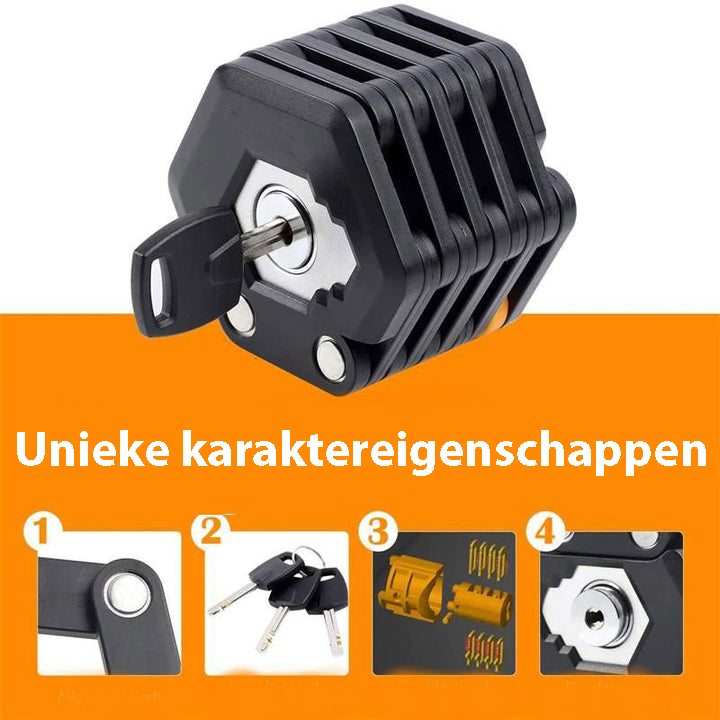 Schwarzes Faltschloss mit Schlüssel, Diebstahlschutz, Fahrradschloss, robust, kompakt, sicher.