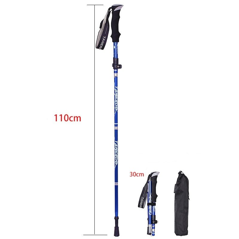 Faltbare, verstellbare Trekkingstöcke, blau, 110cm, mit Tasche, teleskopierbar.