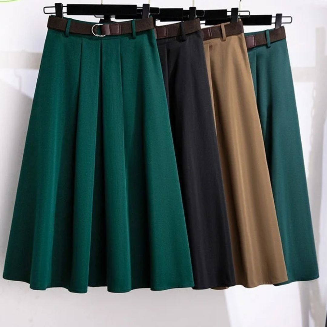 Vier Faltenröcke mit Gürtel, grün, schwarz, braun, beige, Damenmode, elegant, knielang.