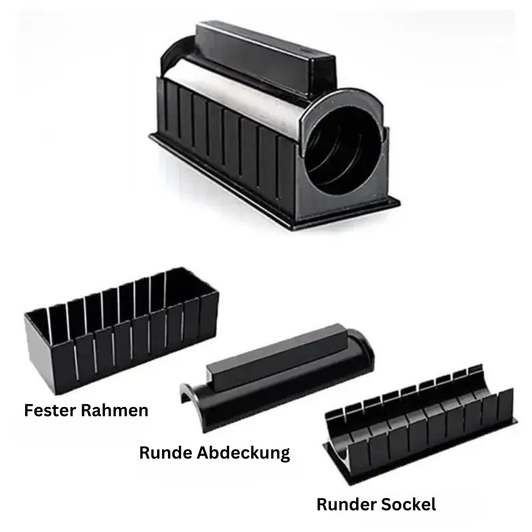 Schwarzer Kunststoff Rollenschneider, fester Rahmen, runde Abdeckung, runder Sockel.