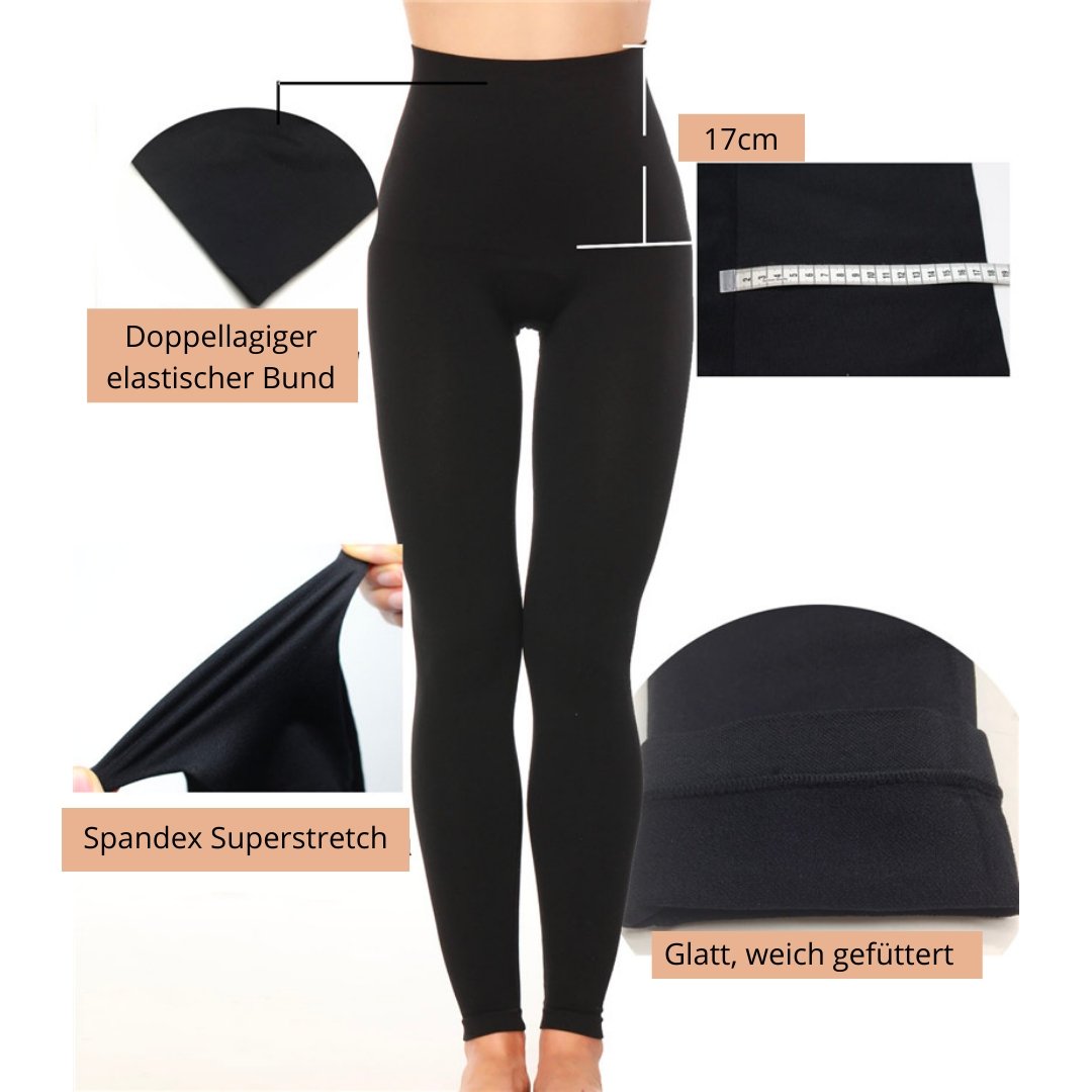 Schwarze figurbetonende Leggings, doppellagiger Bund, Spandex, glatt gefüttert.