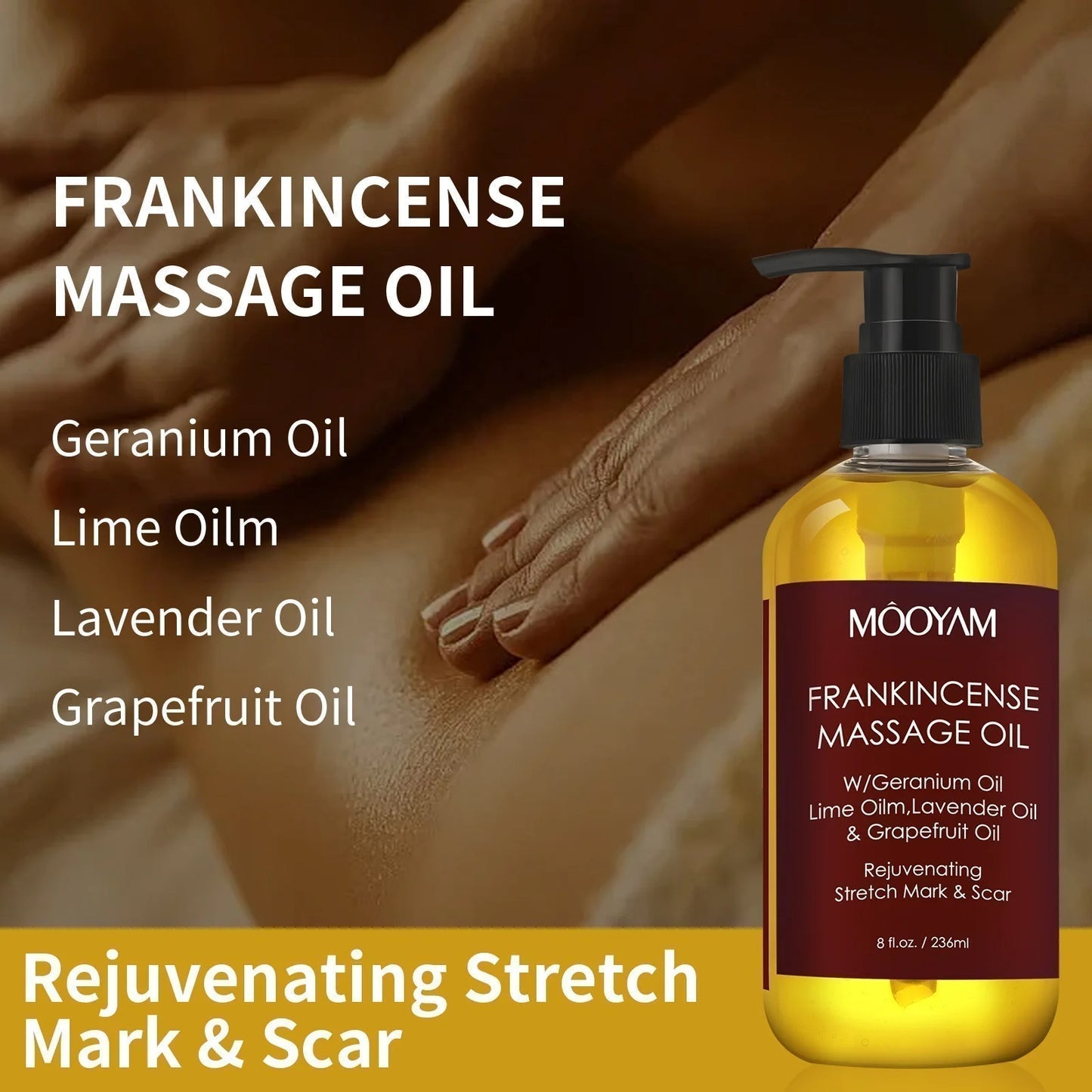 MOOYAM Massageöl mit Weihrauch, Geranienöl, Limettenöl, Lavendelöl, Grapefruitöl, 236ml Flasche.