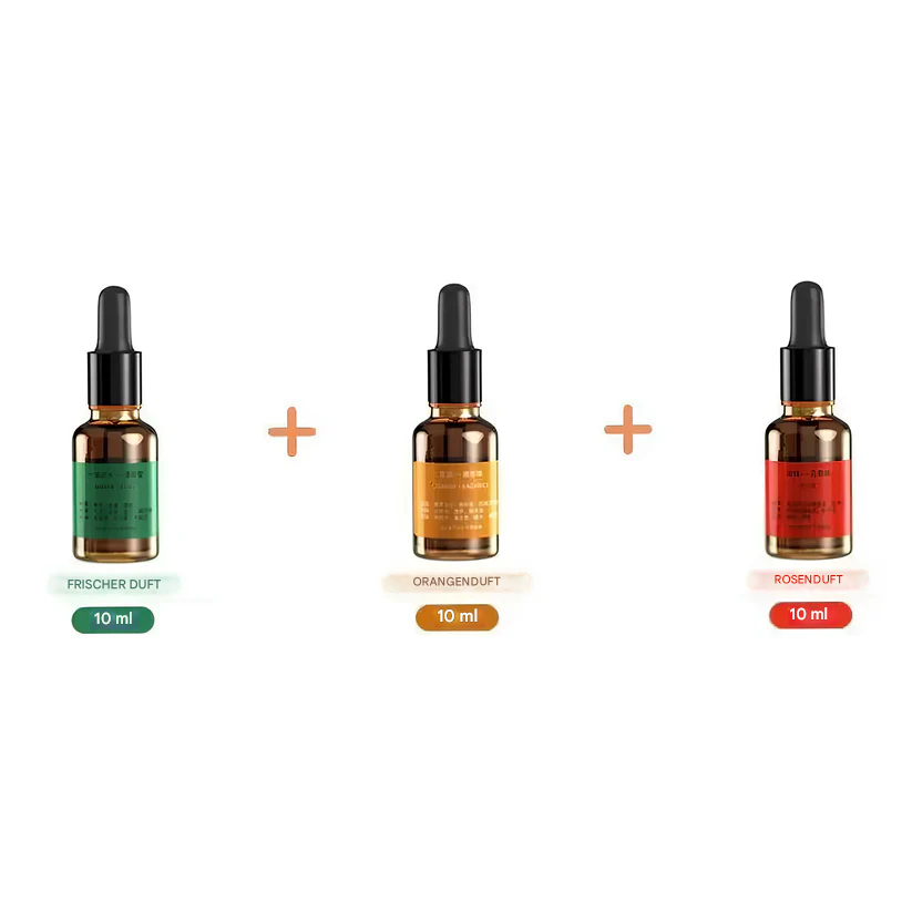 Drei Duftöle 10 ml: Frischer Duft, Orangenduft, Rosenduft, braune Flaschen mit Pipette.