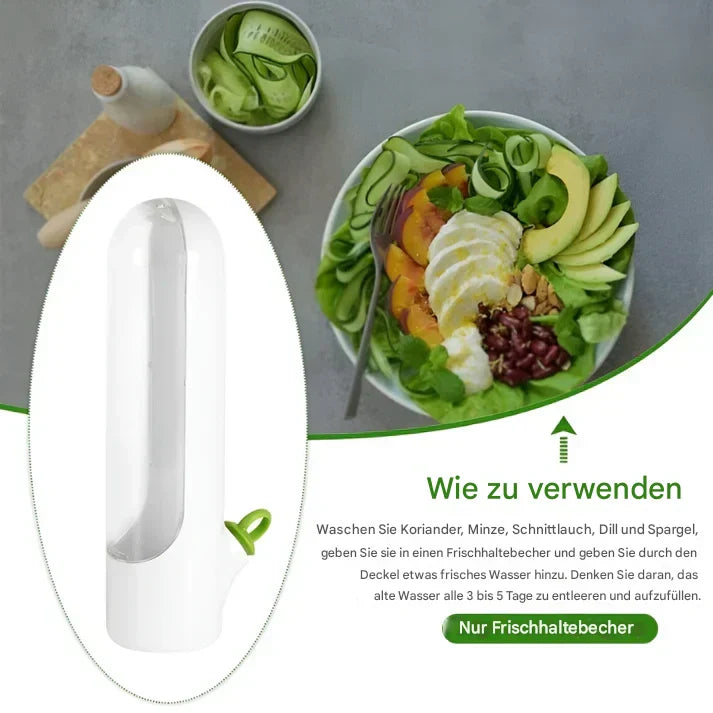 Weißer Frischhaltebecher für Kräuter, Kunststoff, mit Anleitung, Küche, Frische, Aufbewahrung.
