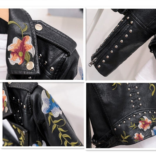 Höstlig broderad damkonstläderjacka i bikerstil – Eleonora