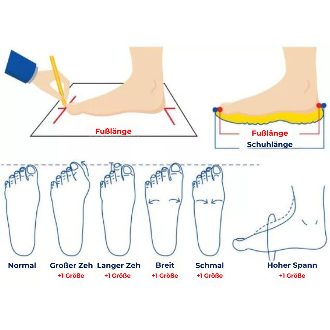 Diagramm zur Fußmessung, zeigt Fußlänge, Schuhgröße, Fußtypen; Anleitung zur richtigen Schuhwahl.