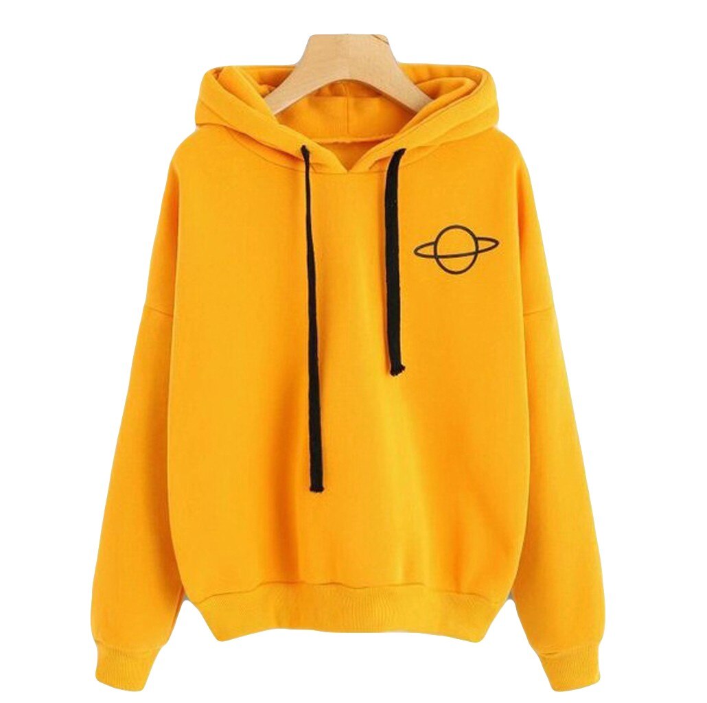Gelber Hoodie mit schwarzem Planeten-Logo, Kapuze und Kordelzug, Unisex, Baumwolle.
