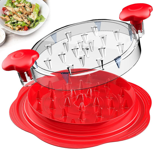 Roter Kunststoff-Zwiebelhalter mit Griffen, ideal zum sicheren Schneiden von Gemüse.
