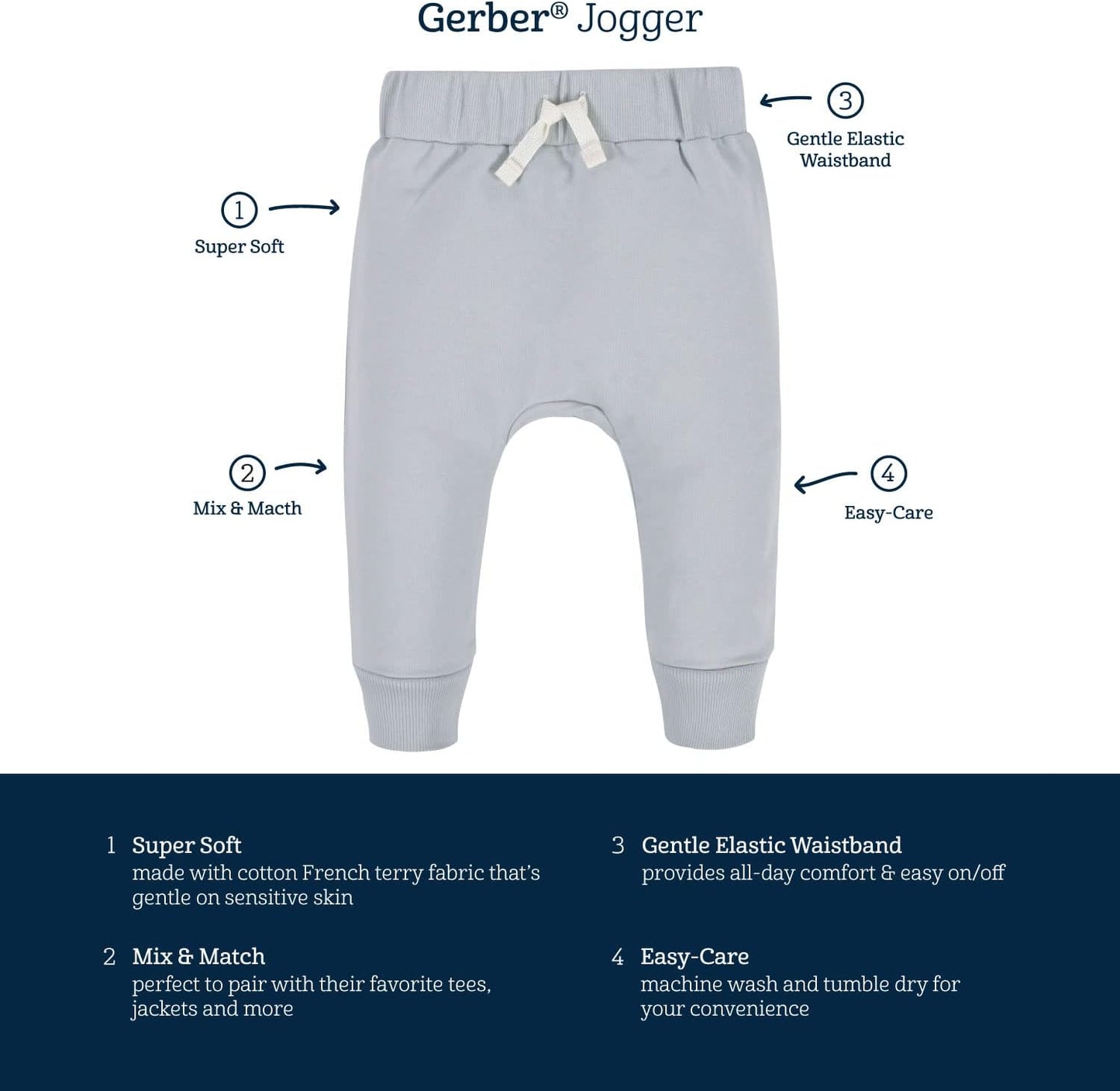 Gerber Baby Joggerhose, hellgrau, weiche Baumwolle, elastischer Bund, pflegeleicht.