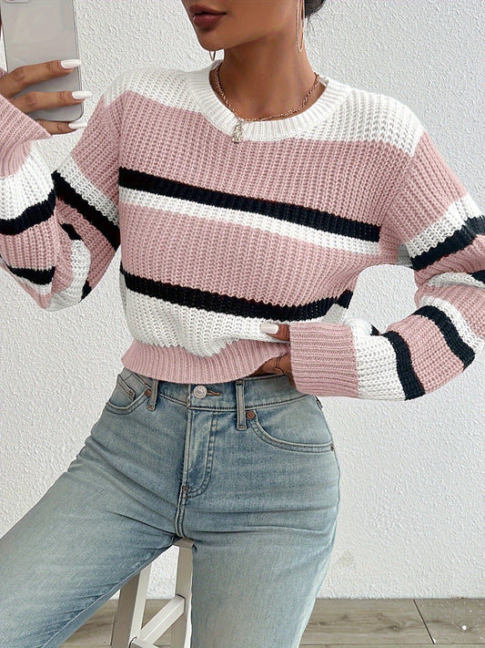 Damen-Pullover rosa-weiß gestreift, Strick, langärmelig, modisch, lässig, Herbstmode.