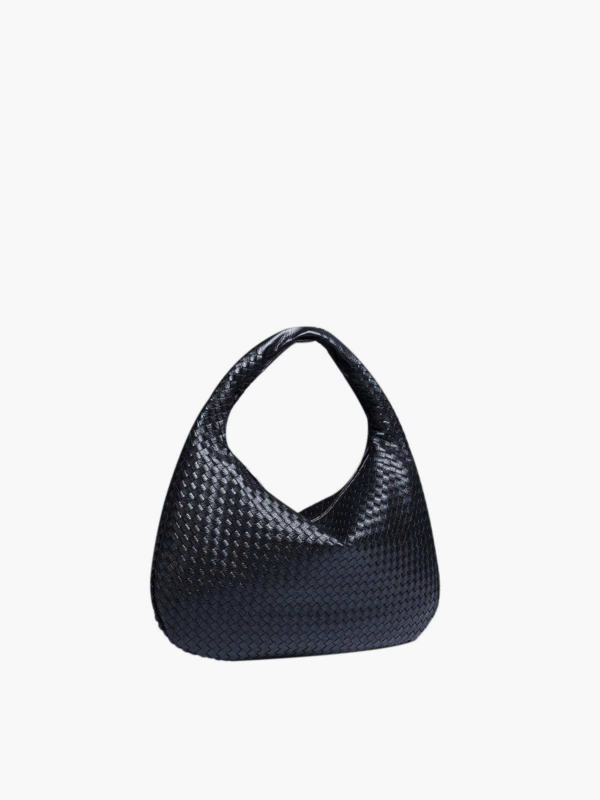 Schwarze geflochtene Handtasche aus Leder, modisches Accessoire für Damen.