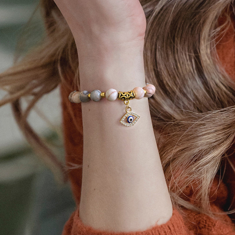 Armband mit Natursteinperlen und türkischem Auge Anhänger, Glücksbringer, Damenmode.