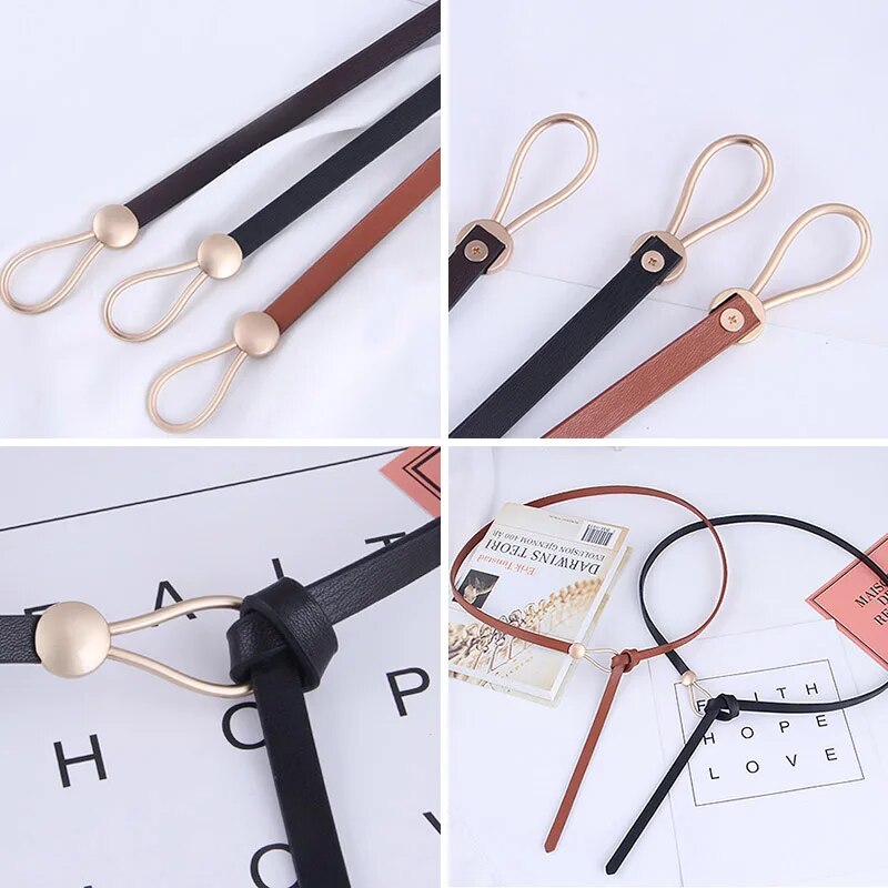 Ledergürtel mit goldener Schnalle, Knotenverschluss, in Schwarz und Braun, modisches Accessoire.
