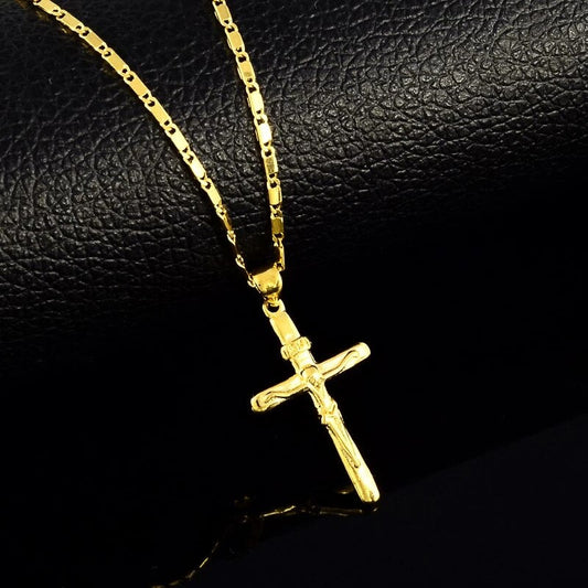 Goldene Kreuzkette, Herren, Edelstahl, religiöses Schmuckstück, modisches Accessoire.