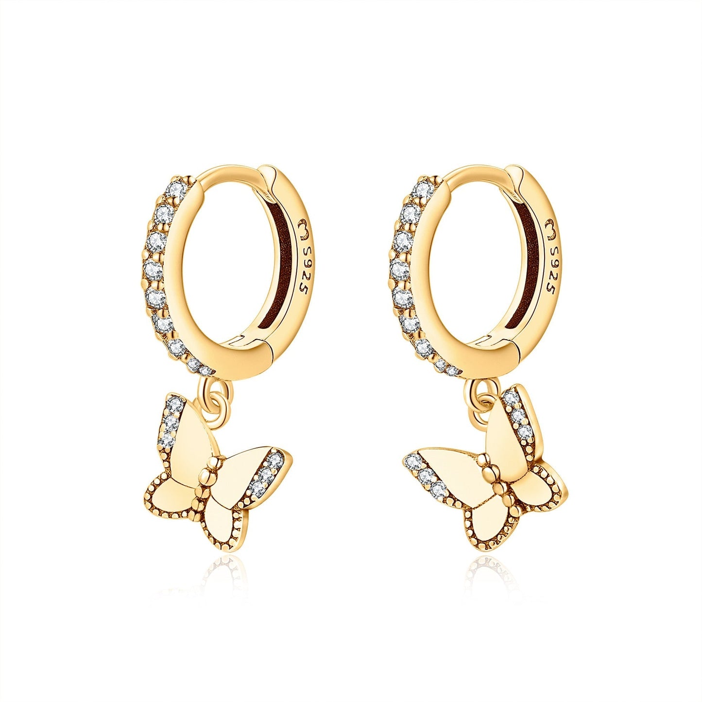 Goldene Schmetterling Ohrringe mit Zirkonia, 925 Sterling Silber, Damen Schmuck, modisch.