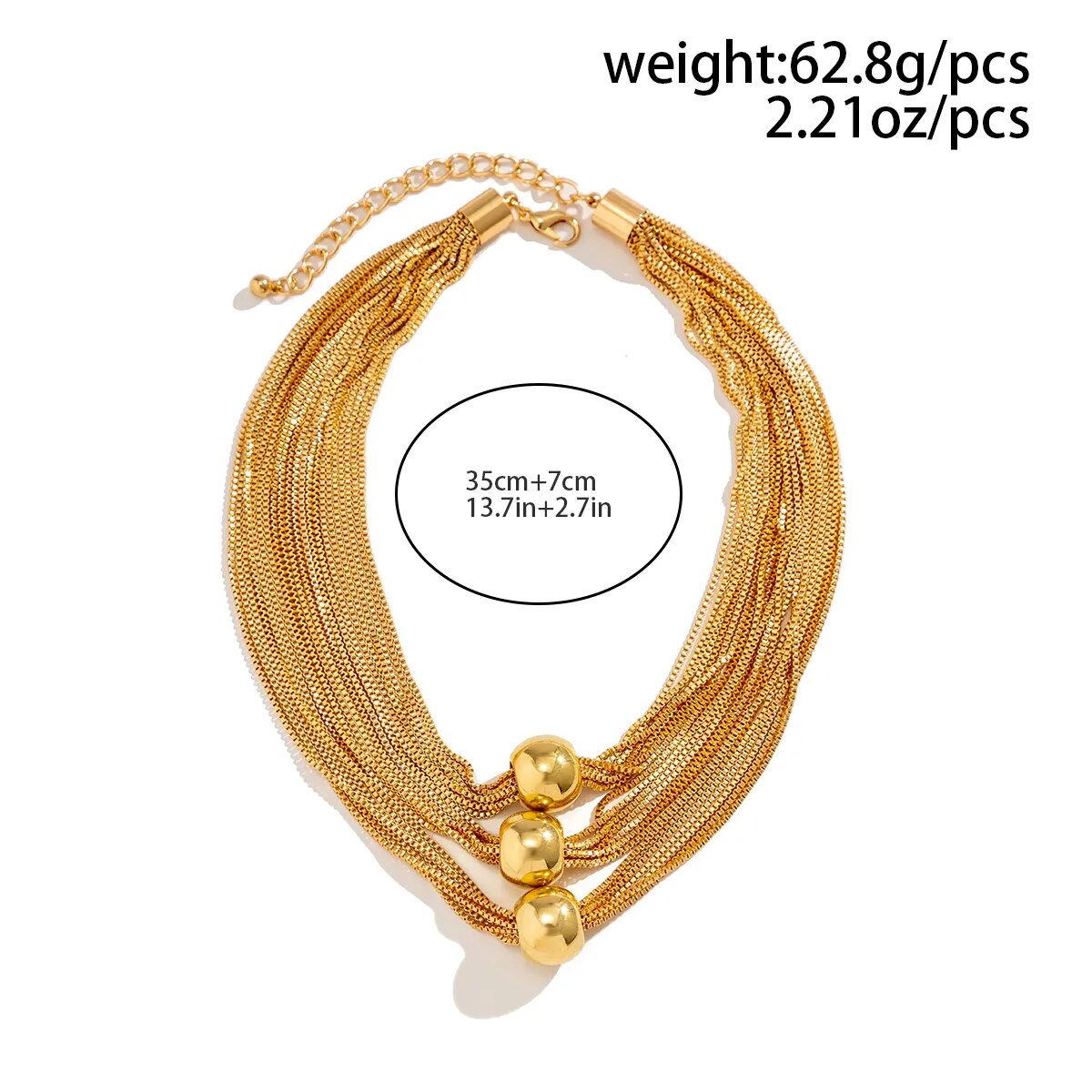 Goldene Halskette mit Kugeln, 35cm+7cm, 62.8g, Modeschmuck, elegantes Design, Damenaccessoire.