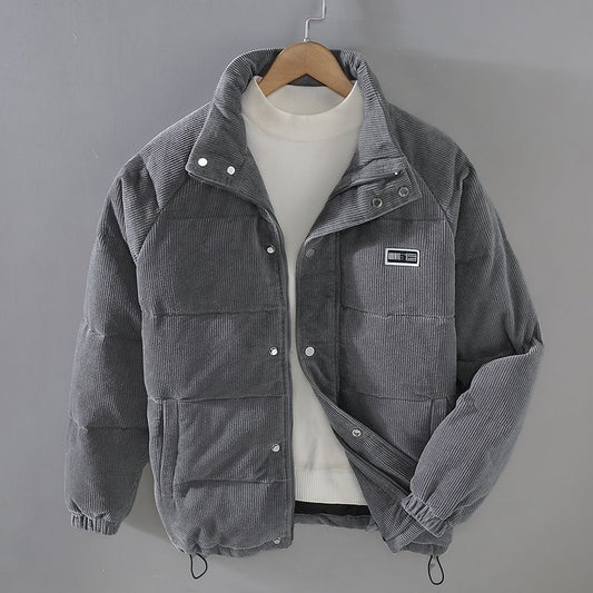 Graue Cordjacke Herren, gesteppt, warm, Wintermode, mit Reißverschluss, modisch, bequem.