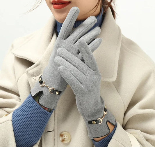 Damenhandschuhe grau, Winter, Lederdetails, elegant, warm, modisch, Accessoire, Herbstmode.