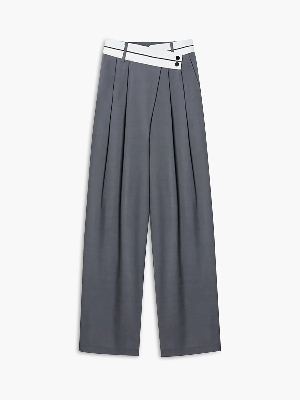 Graue Damenhose mit weitem Bein, weißem Bund, eleganter Faltenwurf, modische Damenbekleidung.