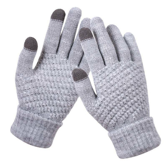 Graue Touchscreen-Handschuhe, gestrickt, mit rutschfestem Muster, ideal für Smartphones.
