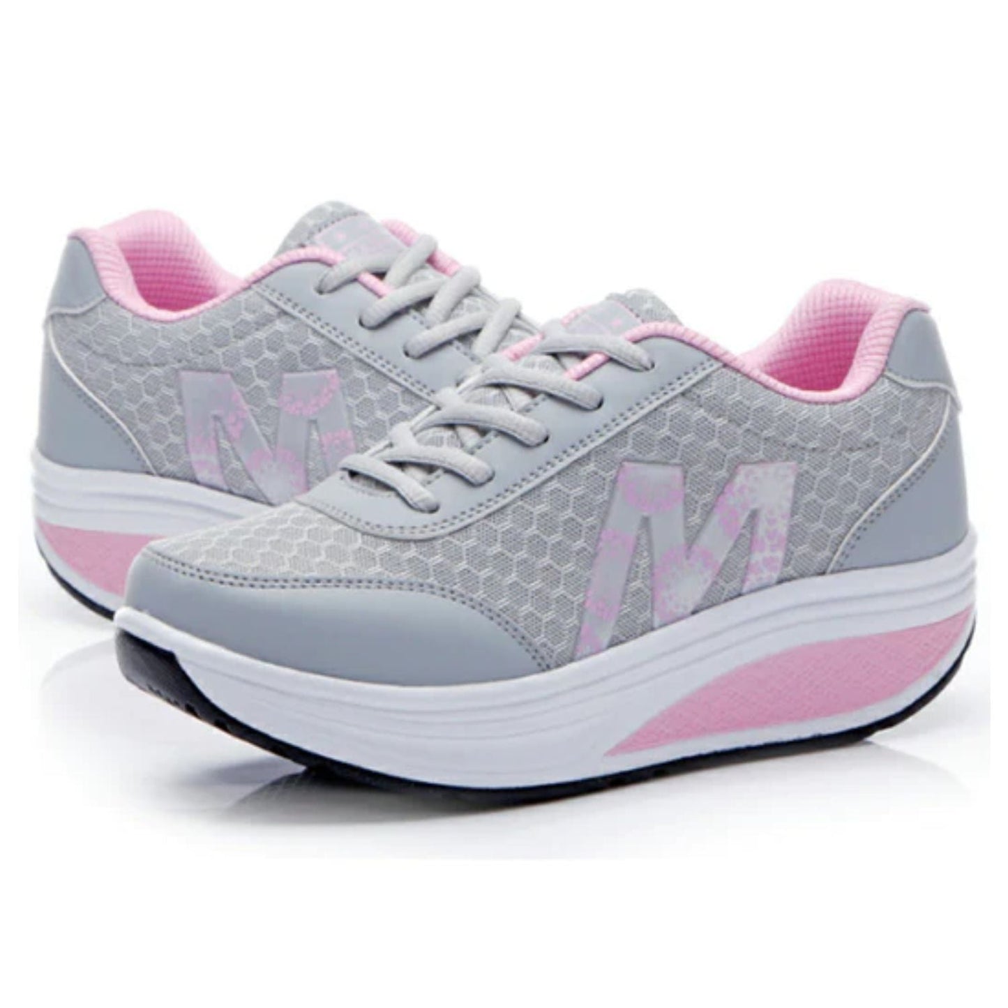 Graue und rosa Damen-Sneaker mit gepolsterter Sohle, atmungsaktiv, sportlich, bequem.