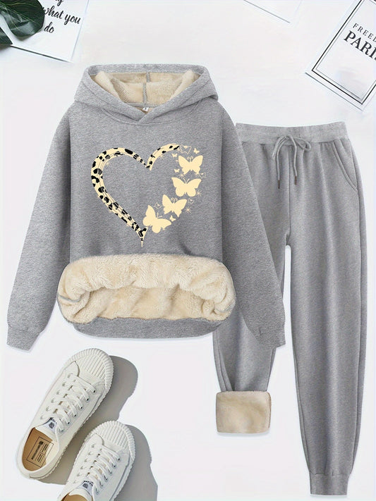 Graues Damen-Sweatshirt-Set mit Herz- und Schmetterlingsmotiv, Kapuze, Plüschfutter.