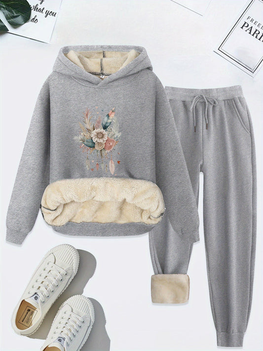Grauer Damen-Hoodie mit Blumenmuster und Jogginghose, flauschiges Innenfutter, Freizeitmode.