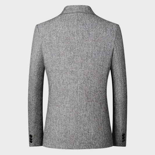 Grauer Herrenblazer, stilvoll, Rückansicht, elegantes Design, hochwertige Verarbeitung.