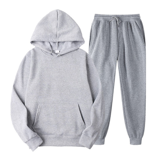 Grauer Kapuzenpullover und Jogginghose Set, Baumwolle, bequem, Freizeitkleidung, Unisex.