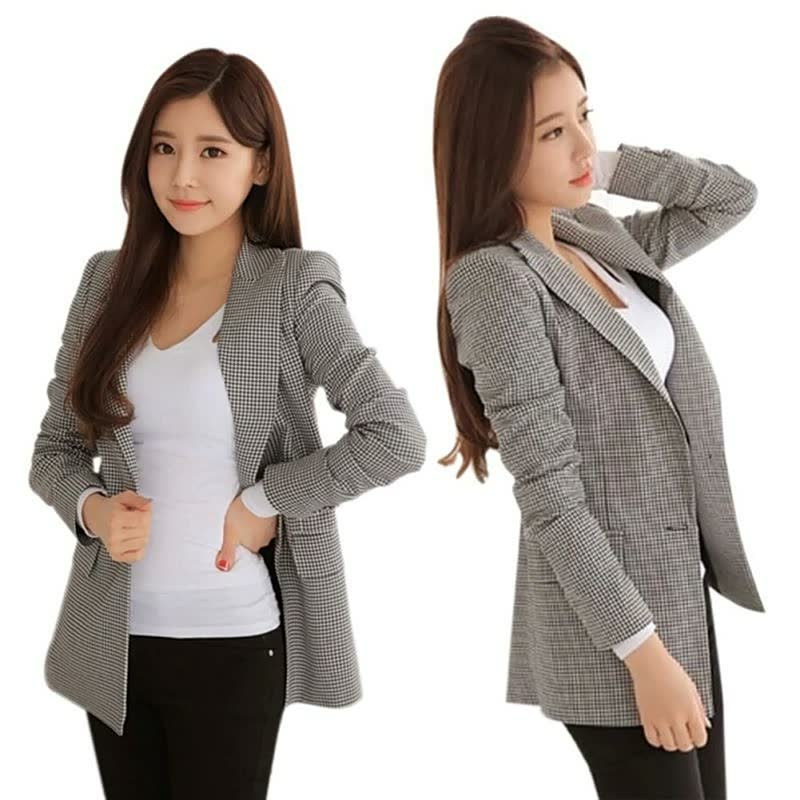 Damen Blazer kariert, grau-weiß, elegant, Business-Look, langärmelig, modisch, Büro-Outfit.