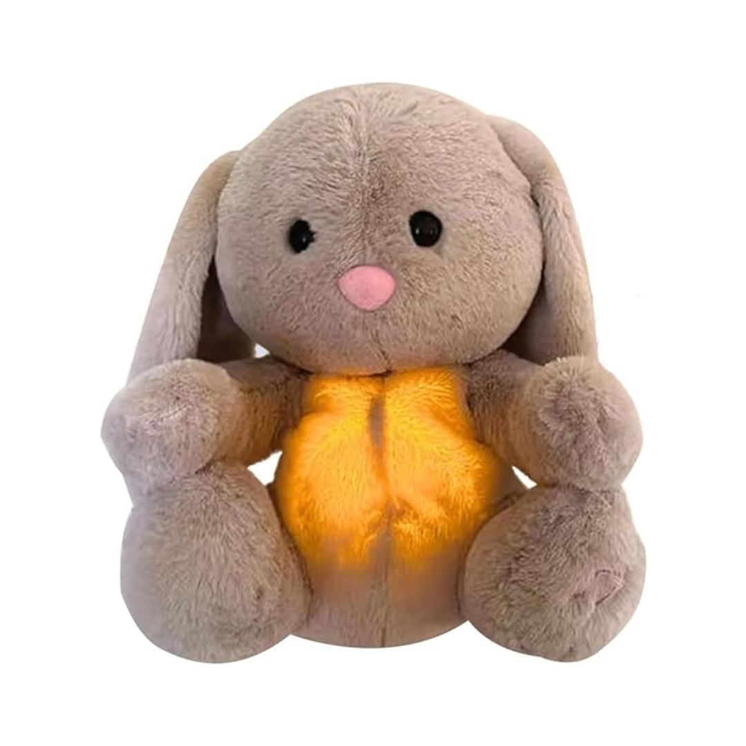 Grauer Plüschhase mit leuchtendem Bauch, Kuscheltier für Kinder, Geschenkidee.