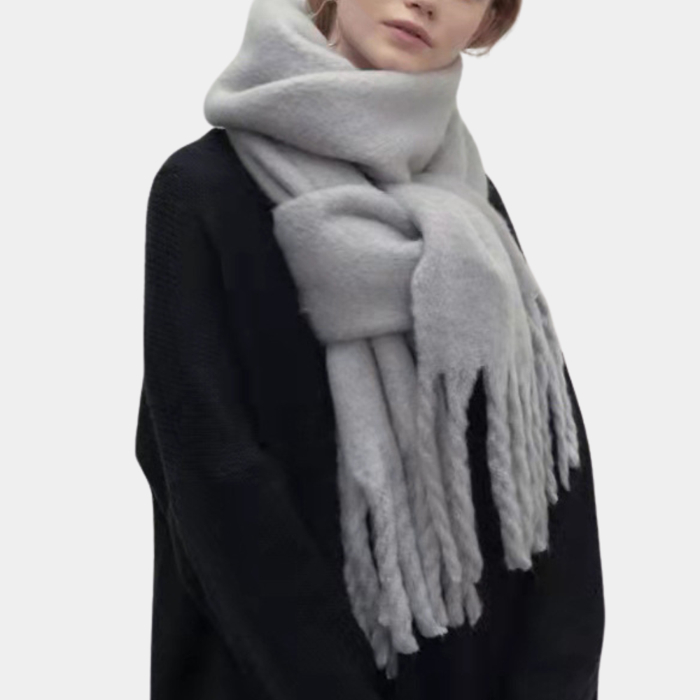 Grauer Wollschal Damen, warm, weich, modisch, Winteraccessoire, elegantes Design, gemütlich.