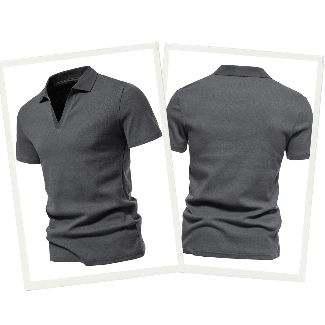 Graues Herren-Poloshirt aus Baumwolle, Vorder- und Rückansicht, kurzärmelig, klassischer Stil.