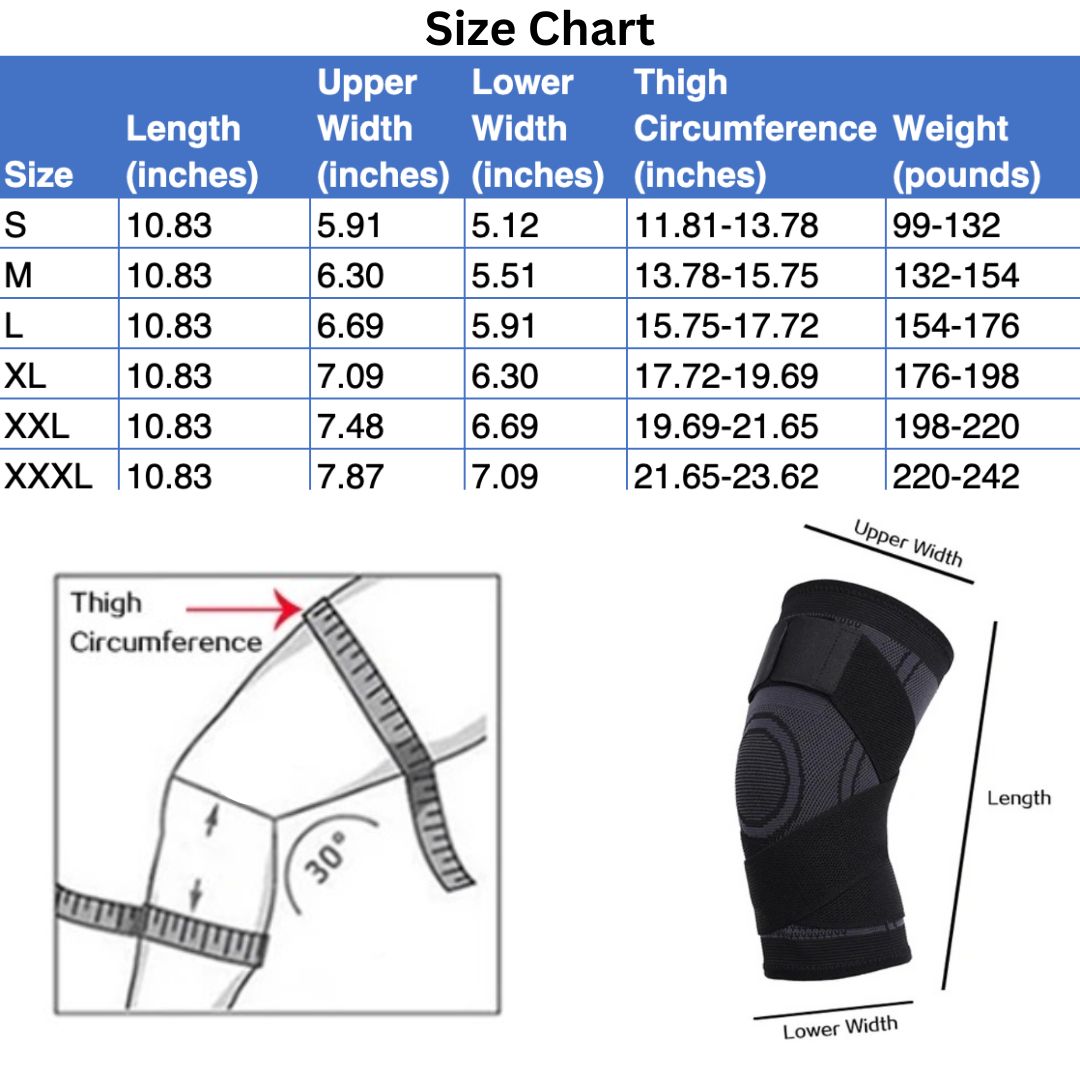 Größentabelle für Kniebandage, schwarz, mit Maßen in Zoll und Pfund, Diagramm und Abbildung.