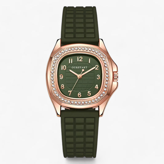 Grüne Armbanduhr mit roségoldenem Gehäuse und Strasssteinen, elegantes Design, Damenuhr.